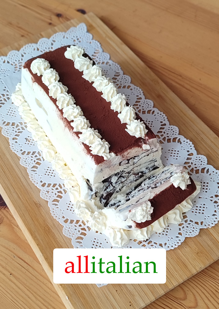 Homemade viennetta ice cream cake with chocolate and vanilla ice cream