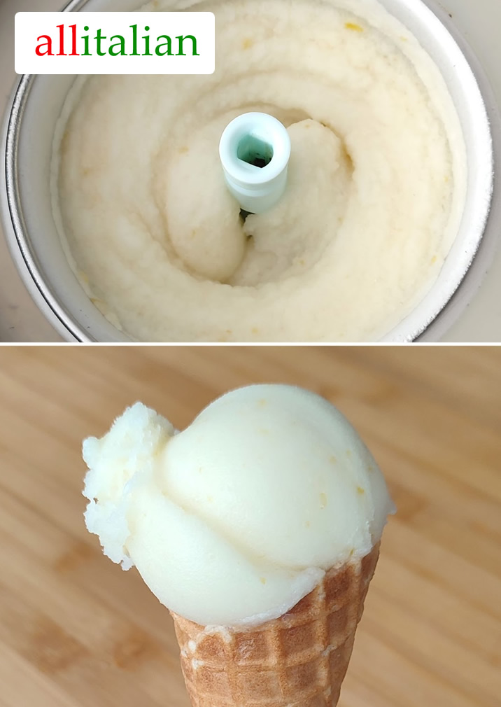 Vegan lemon sorbet homemade with ice cream maker