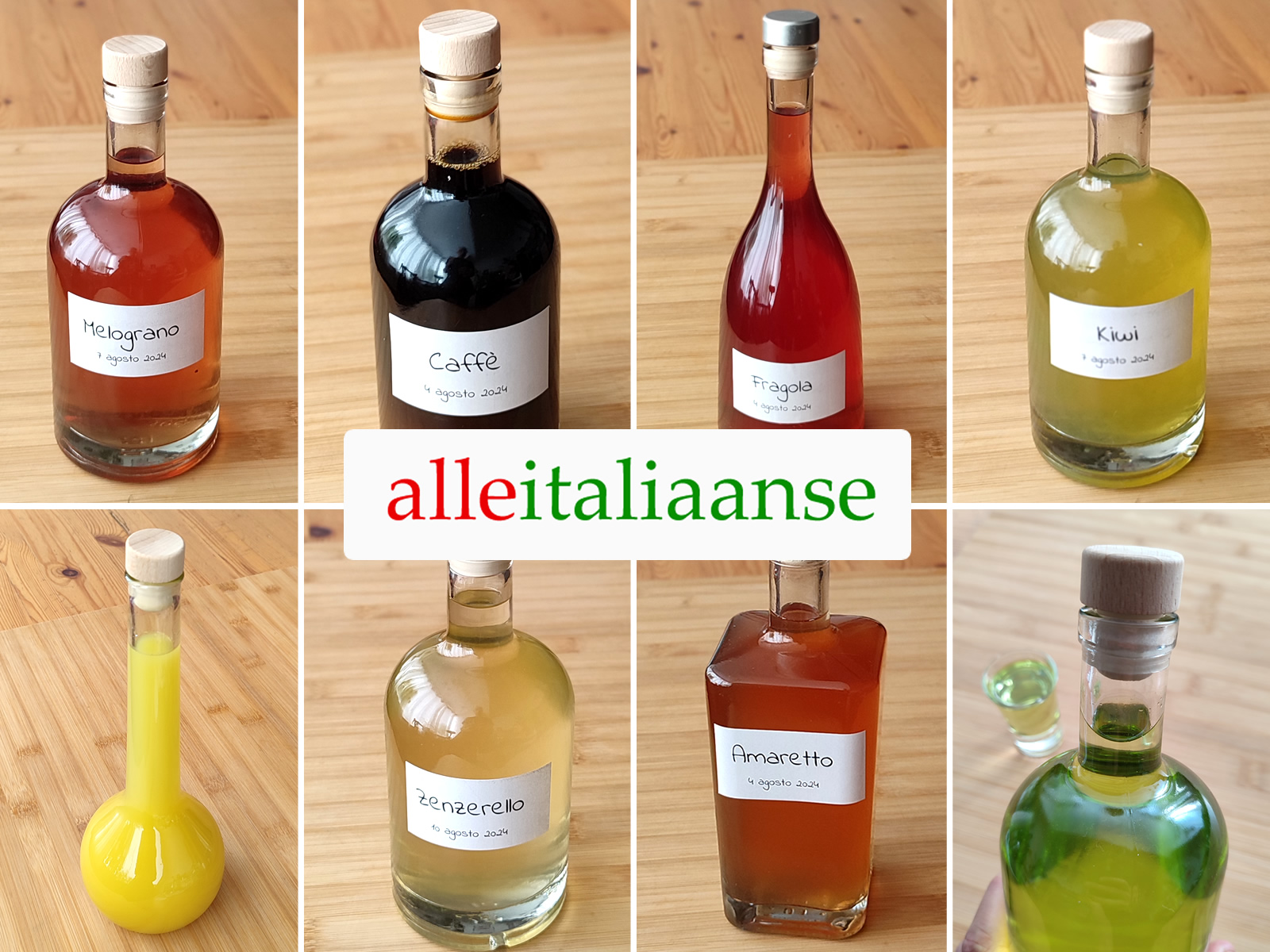 Een verzameling Italiaanse zelfgemaakte likeuren, door ons gemaakt, met de etiketten van elke likeur op de fles geschreven